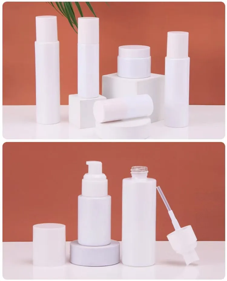 Pearl White 30g 50g Luxury Glass Cream Jar Lotion Pump Bottle Cosmetic Spray Bottle 60ml 100ml 120ml Skincare Empty Packing