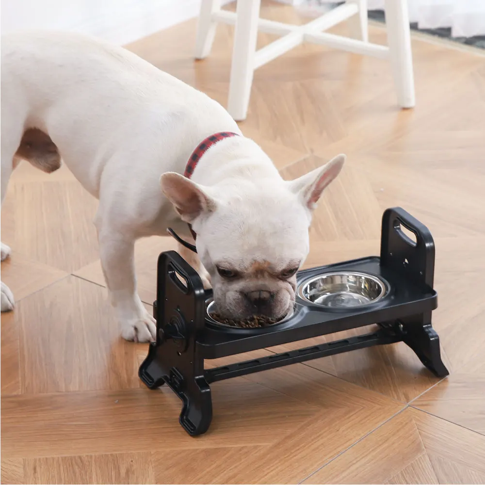 Three Height Settings Pet Double Bowls ABS Raised Dog Bowl Stand with 2 Stainless Steel Bowls
