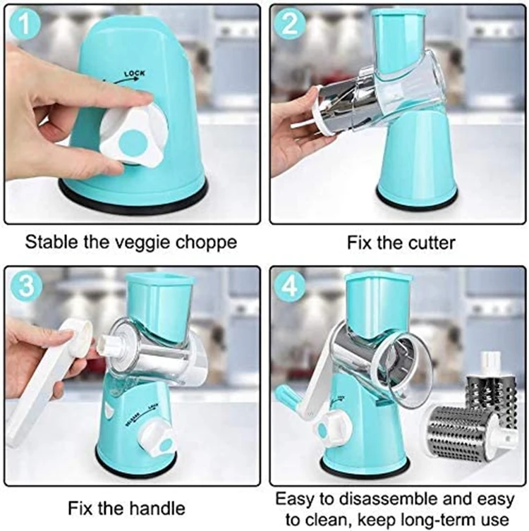 Round Mandoline Slicer Nuts Grinder Rotary Cheese Grater with 3 Stainless Steel Drum Blades