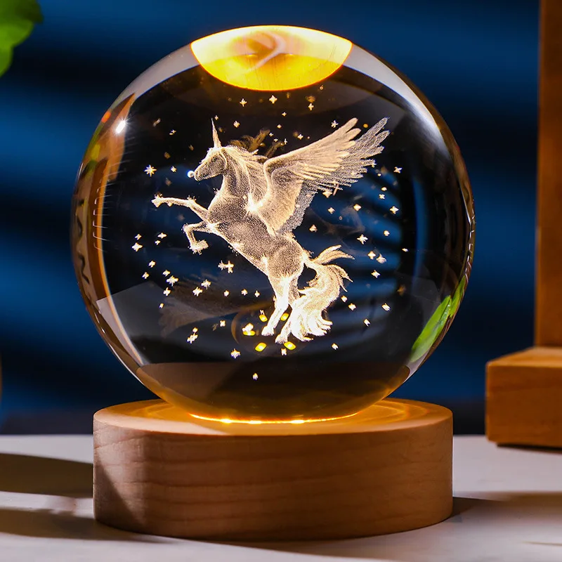 Moon Animals LED Angel Cat Unicorns Birds Luminous Art 3D Crystal Ball Night Lamp With Wooden Base