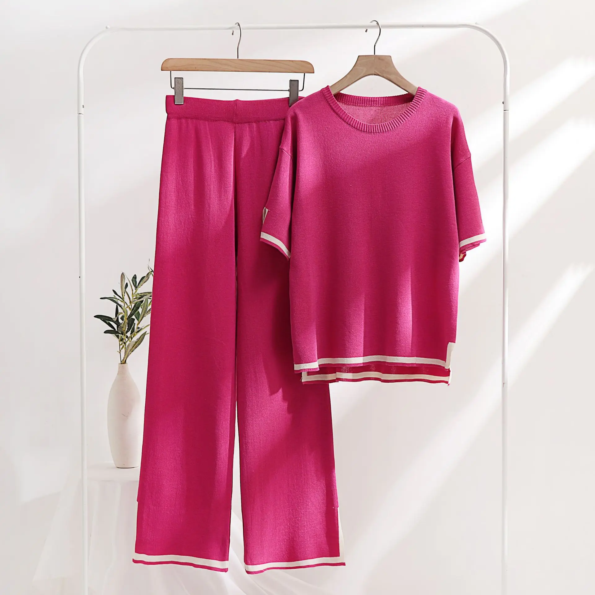 Summer ins fashion ice silk short sleeved casual top trousers 2 piece suit plus size knitted women sweater
