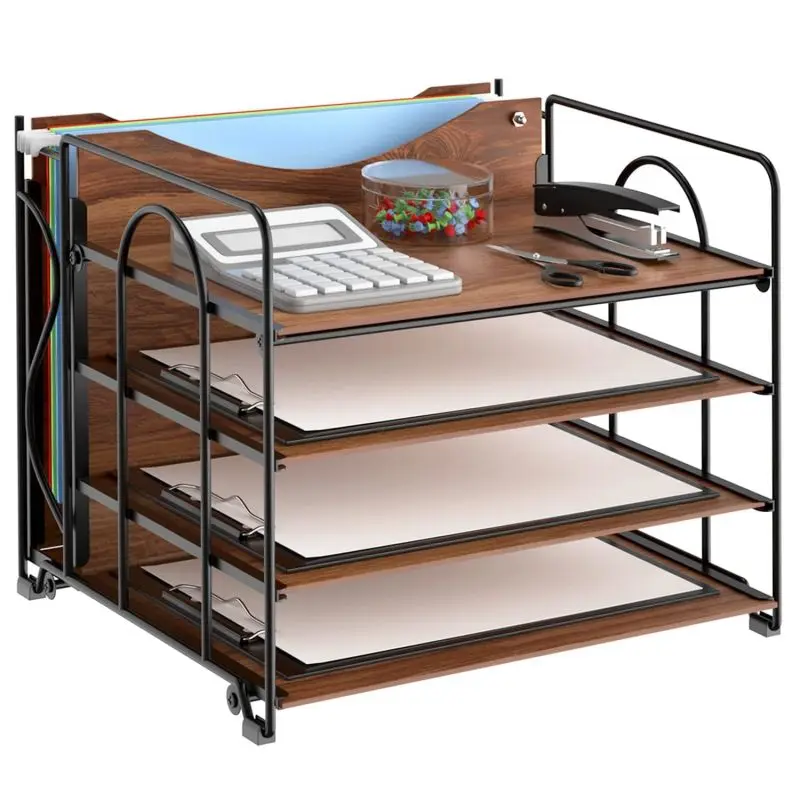 4 Tier Wood Desk Organizer Metal Mesh Paper Tray Letter Holder Wood Desk File Organizer for Office School