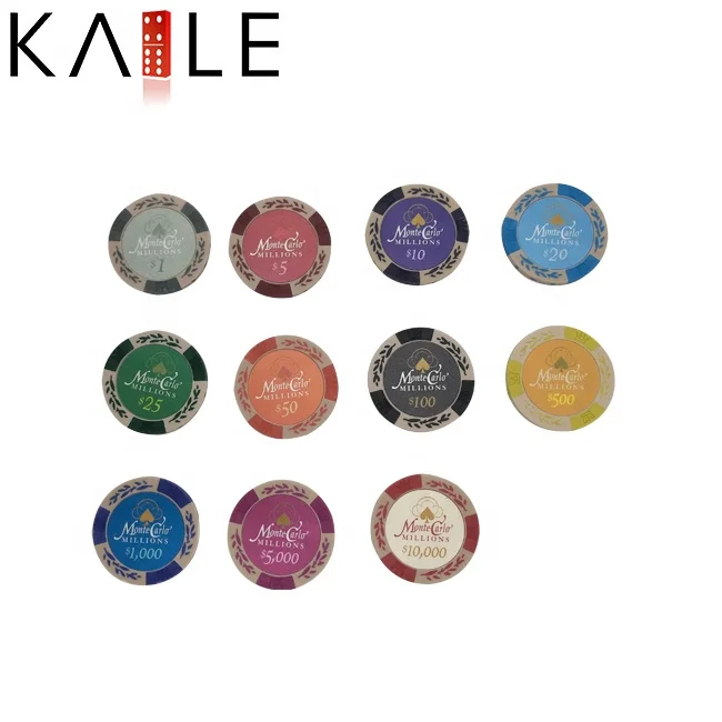 14g two tone clay poker chips monto carlo with unique factory custom colorful denominations stickers for gambling accessaries