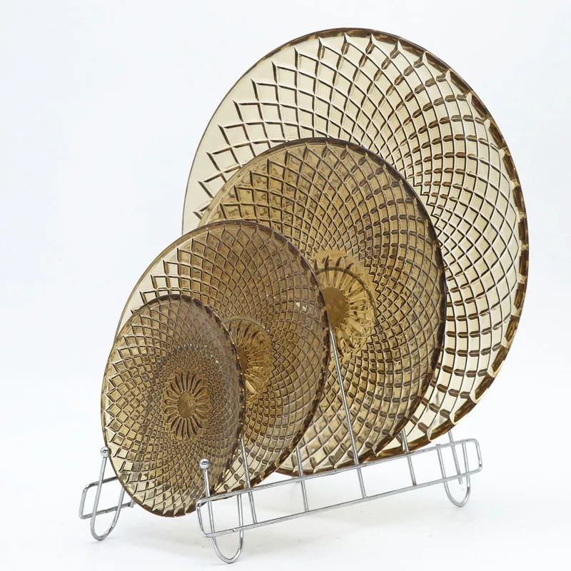 Four sizes geometric pattern brown color round glass cake plate