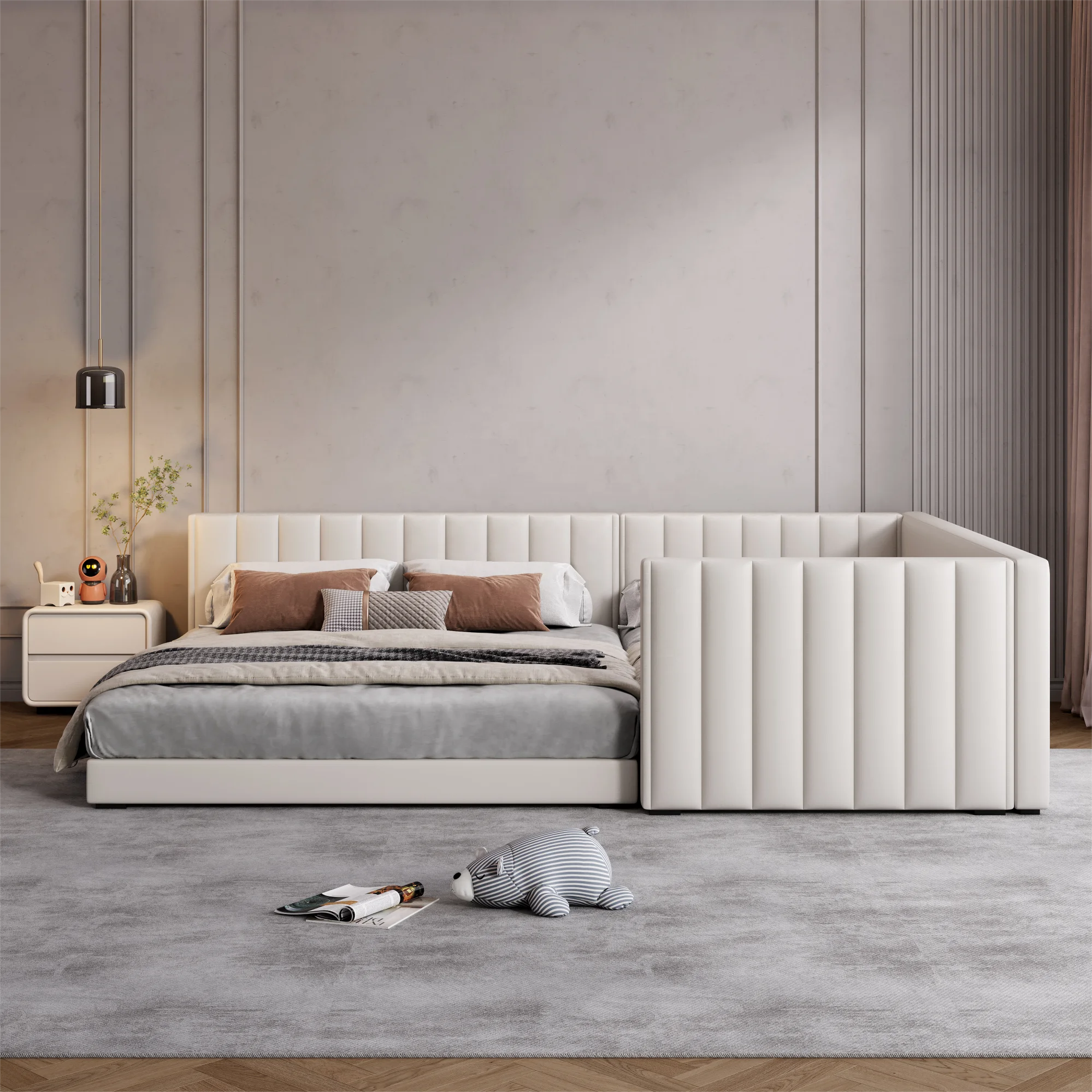 Genuine Leather Up-holstered Beds Customized King Size Adults Double Bed Frame Children Full Stitching Bedding Set