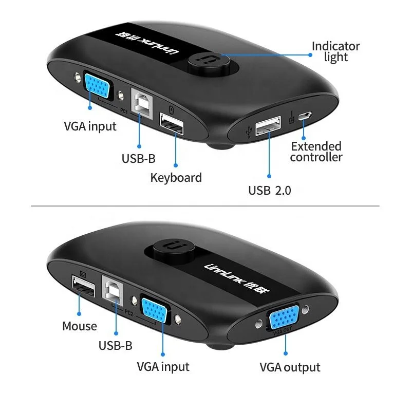 2 ports VGA KVM switch 2X1 USB 2.0 Controller Keyboard Mouse Printer 1080P60Hz 2 input 1 output ODM OEM