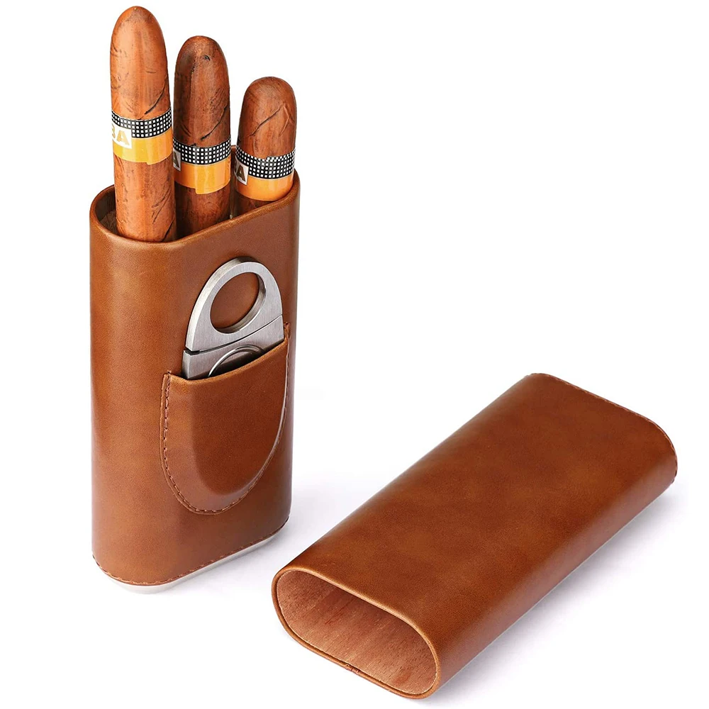 Custom Portable Cigar Case Travel Leather Wiht Cigar Cutter Top Quality 3- Finger Brown Leather Cigar Case In Bulk