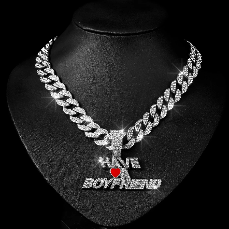 Silver gold color alloy tennis chain with hip hop full bling CZ rhinestone heart letter pendant chokers necklace