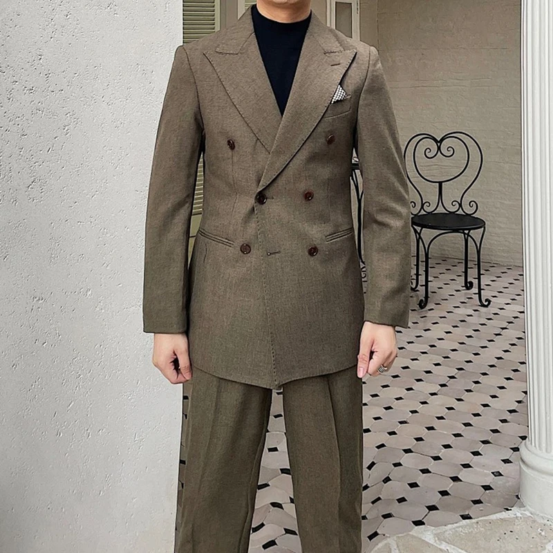 High quality double breasted men suits lapel business suit for mens suits 2 piece slim fit