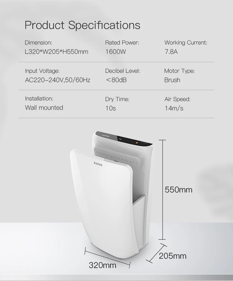 portable bathroom Commercial wall mounted Electric High Speed 1600W Super Power Automatic infrared sensor air jet Hand Dryer
