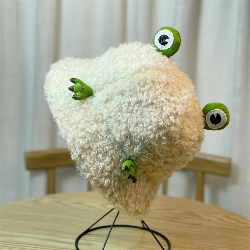 MOTE-ZA314 High Quality Frog Lamb Hair Fisherman Hat cute bucket hats Wool Hats Warm Women Winter Cap