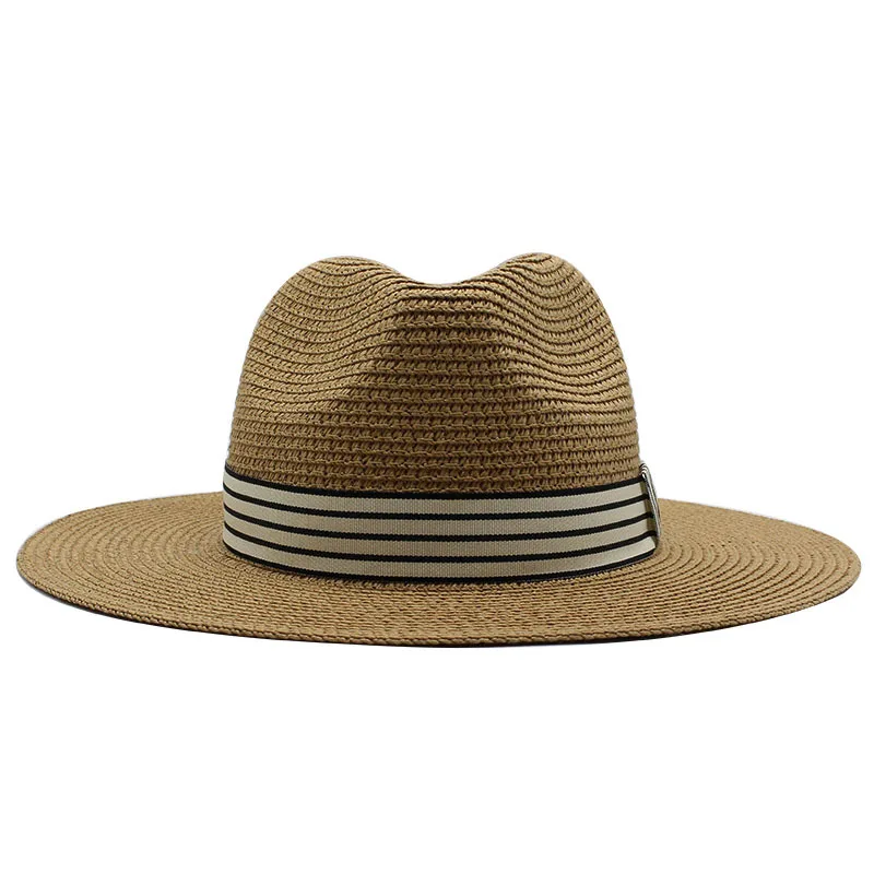 2024 Wholesale High Quality Customized Design Sun Protection Striped Ribbon Wide Brim Panama Unisex Summer Paper Straw Hat