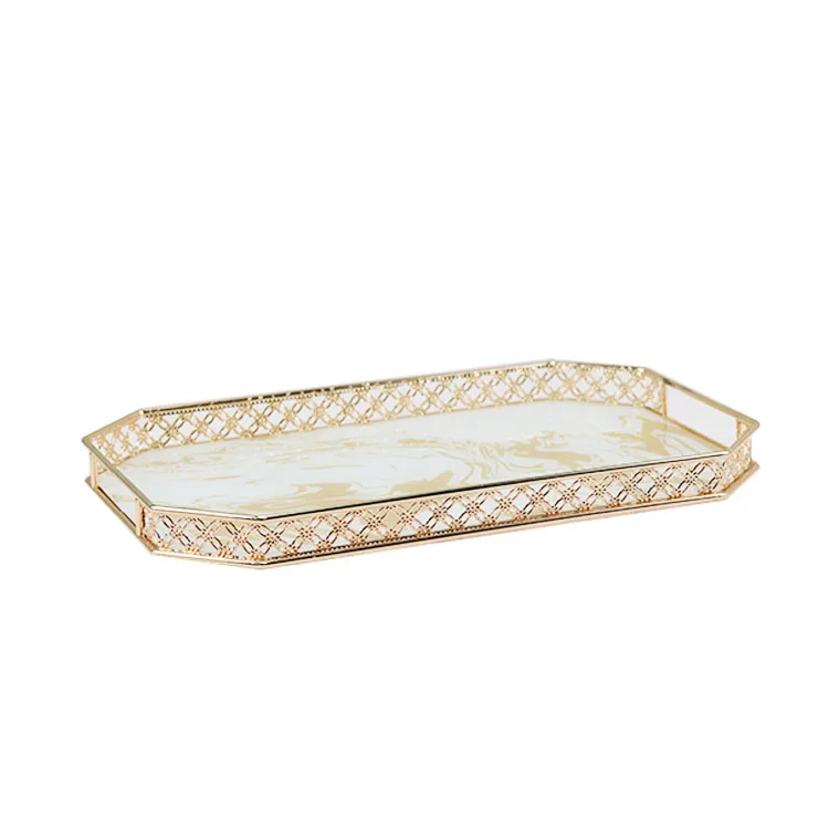 High Quality  nordic antique Style Copper Glass Mirror golden Storage makeup tray