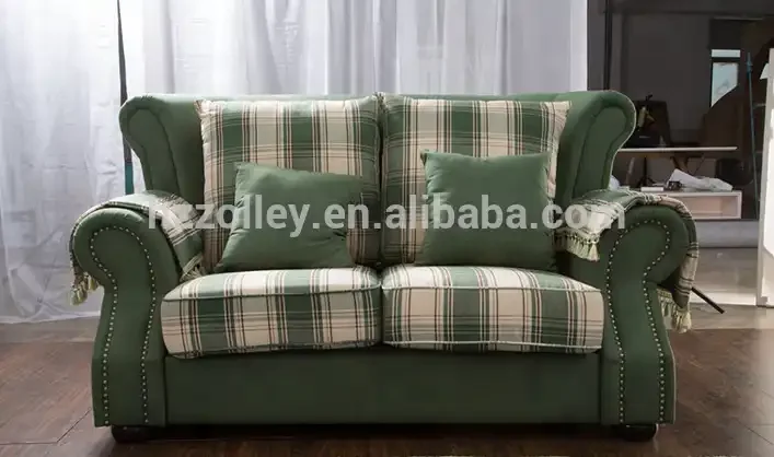 American Style Fabric Living Room Sofa 1+2+3 Seaters Green Plaid Sofa Set