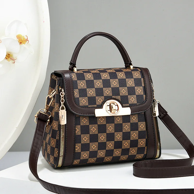 Casual Lady Fashion Handbag Custom Logo Bucket Square Pattern Zipper Lock Closure PU Polyester Lining Embroidery Pearl