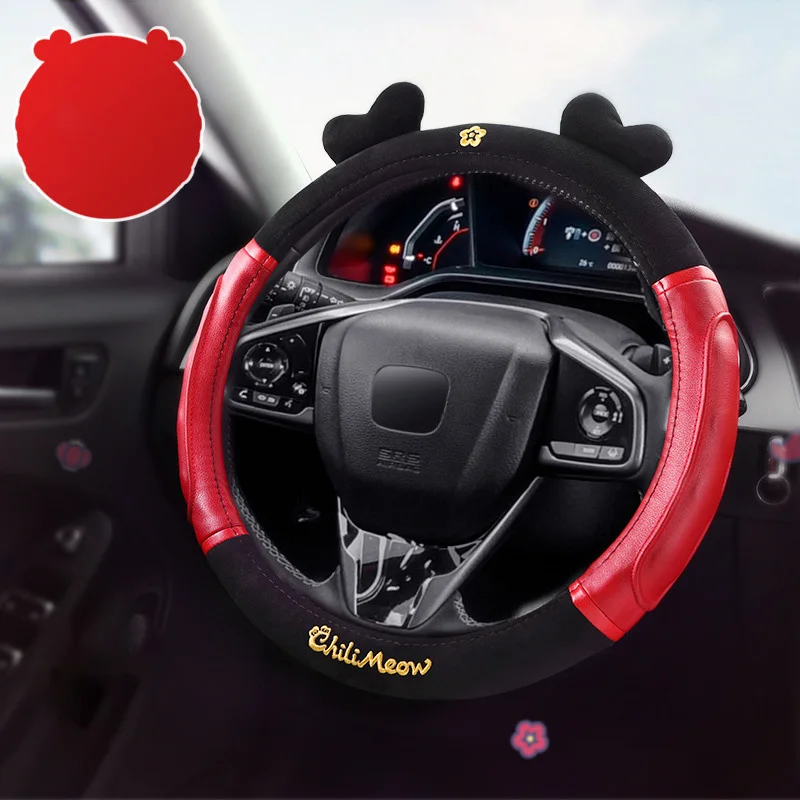 Cute Car Steering Wheel Cover Anti-slip Plush Pu Leather Universal Fit Warm Soft Car Steering Wheel Cover