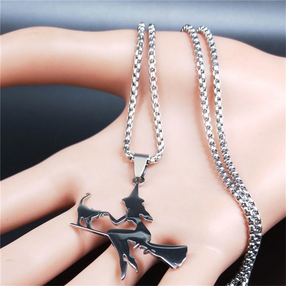 Ouj Witch On Broom With Cat Stainless Steel Pendant Necklace Alien Head Pendant Necklace
