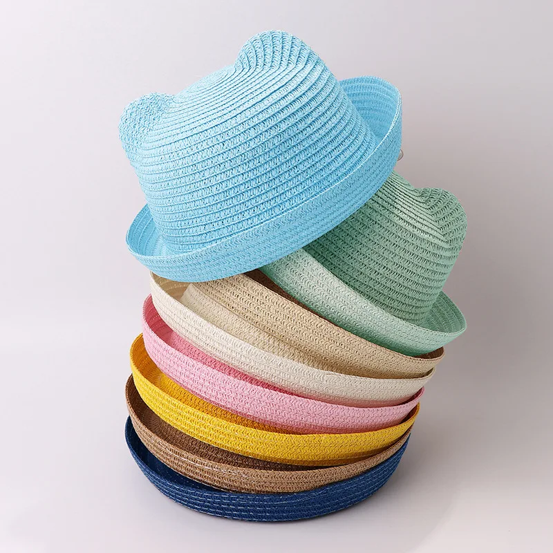 HZM-24079 Hats For Children Beach Cute Cat Ears Wide Brim Sun UV Protection Kids Girl Straw Hats