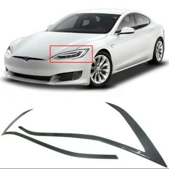 2pcs Real Dry Carbon Fiber Front Headlight Eyebrows Eyelips stick on style For Tesla Model S 2016-2018