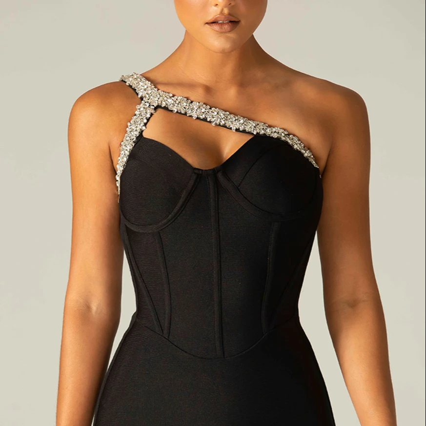 Spring Women Clothing Sexy One Shoulder Diamond Dresses Fashion Quality Evening Dress