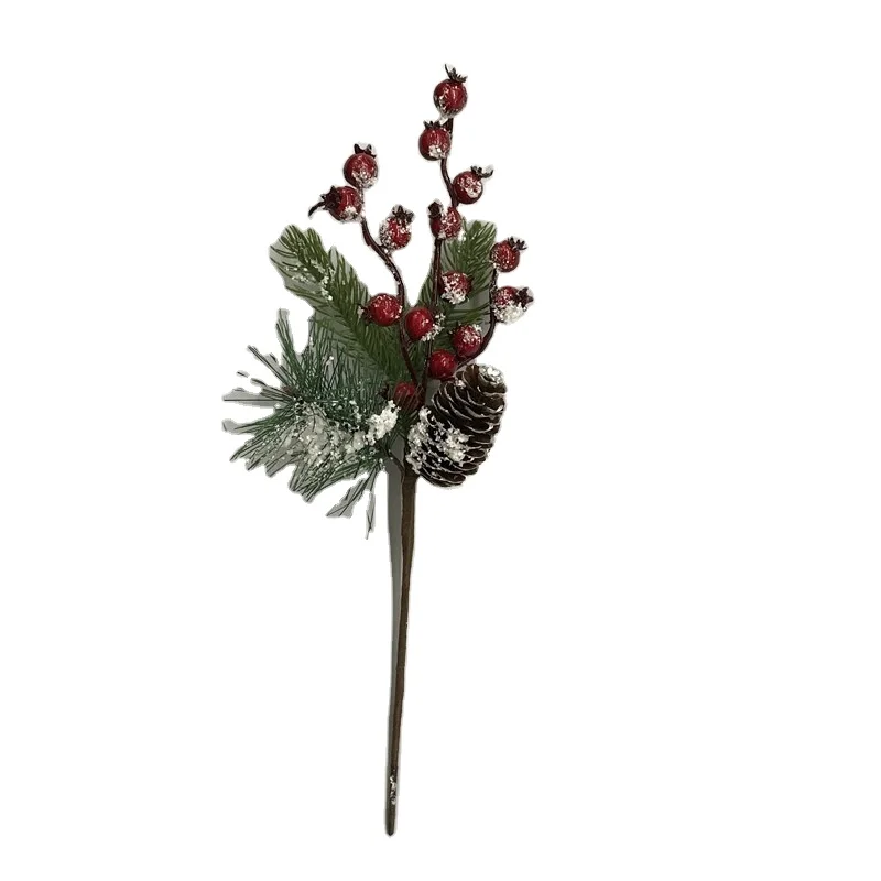 snowy Christmas floral picks with red berry and pine cone