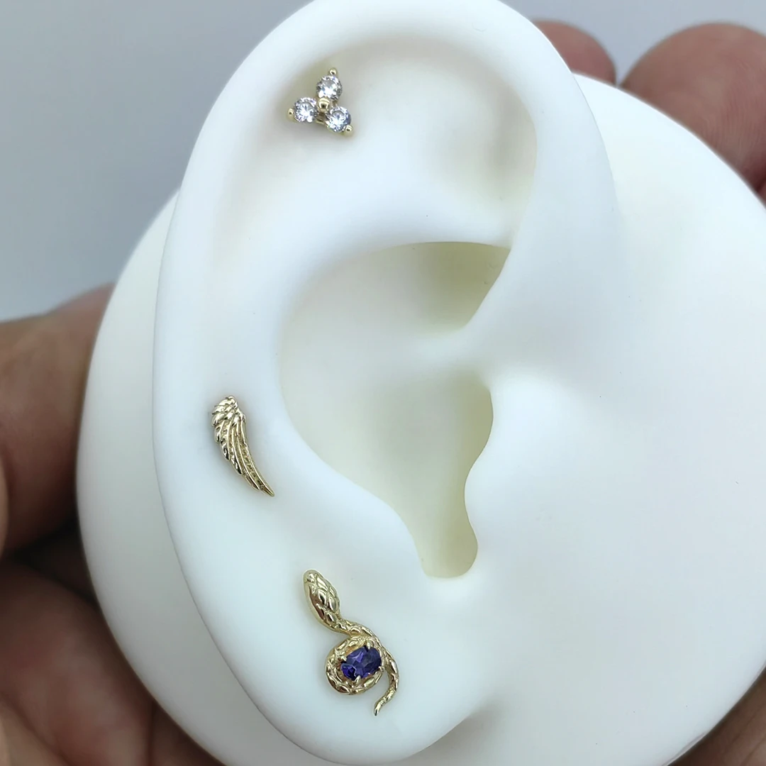 Calendo 2023  New Arrival 14K Karat Fine Solid Gold Threadless Push-in Flat Tops Animal Snake Purple Zircon Piercing Jewelry