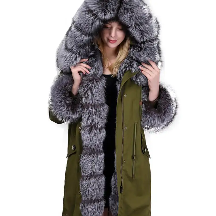 High Quality Fashion Women Winter Silver Fox Fur Parka Jacket