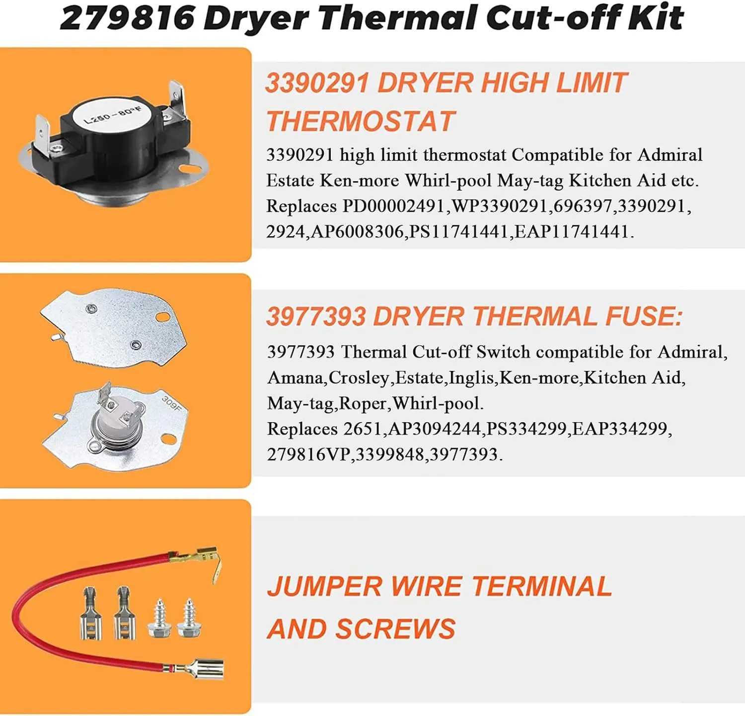 279816 Dryer Thermal Fuse & Thermostat Replacement Part Kit Replaces AP3094244 279816VP 3399848 3977393 PS334299 WED6200SW1