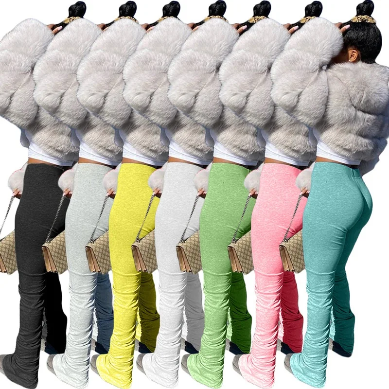 
7 Colors New Arrivals Solid Stacked Pants Legging Women Sweat Pants With Ruched Sides 