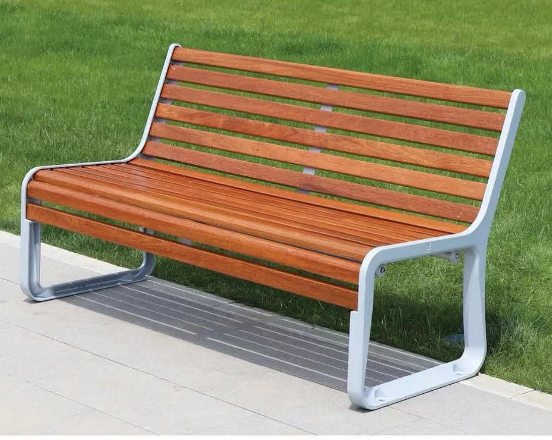 Outdoor furniture composite wood long bench seat public park cast aluminum seating bench outside garden patio PS bench chair