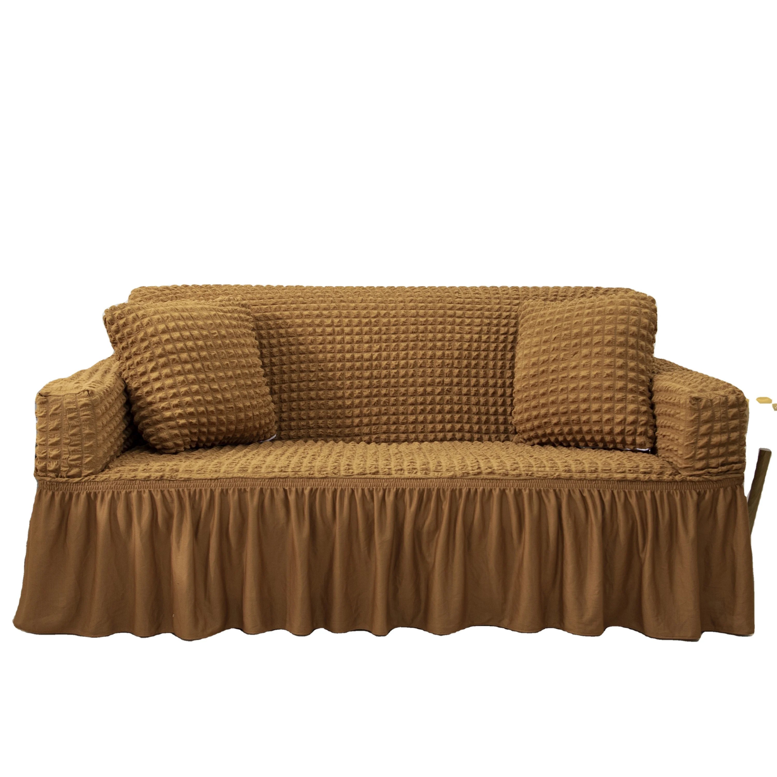 Plain Color Durable Seersucker Stretchable Sectional Sofa Covers Slipcovers with Skirt for Home