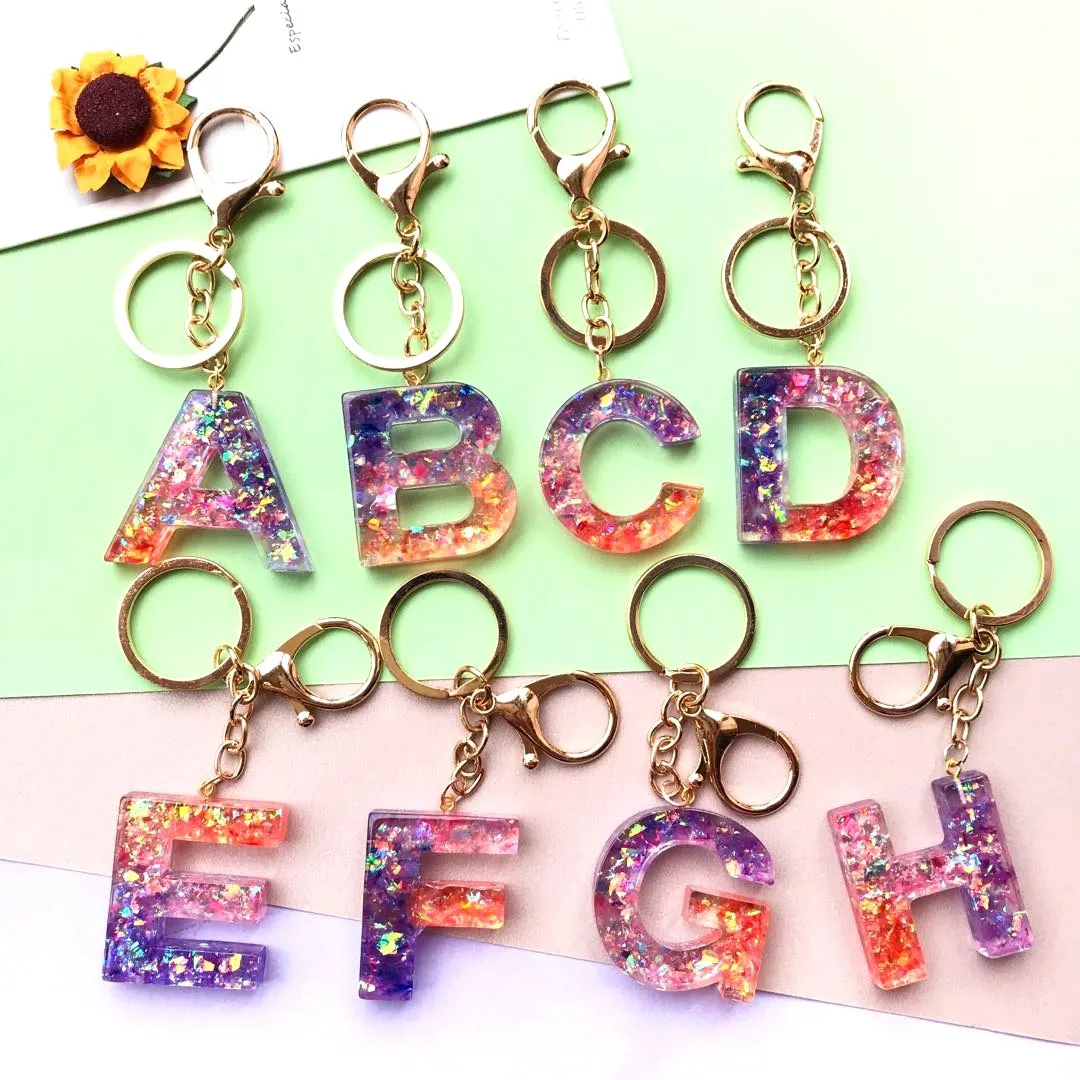 Trendy Glitter Resin Initial Alphabet Letter Pendant Keychain For Women A-z Jewelry Sequined Resin Key Chain Bag Accessories