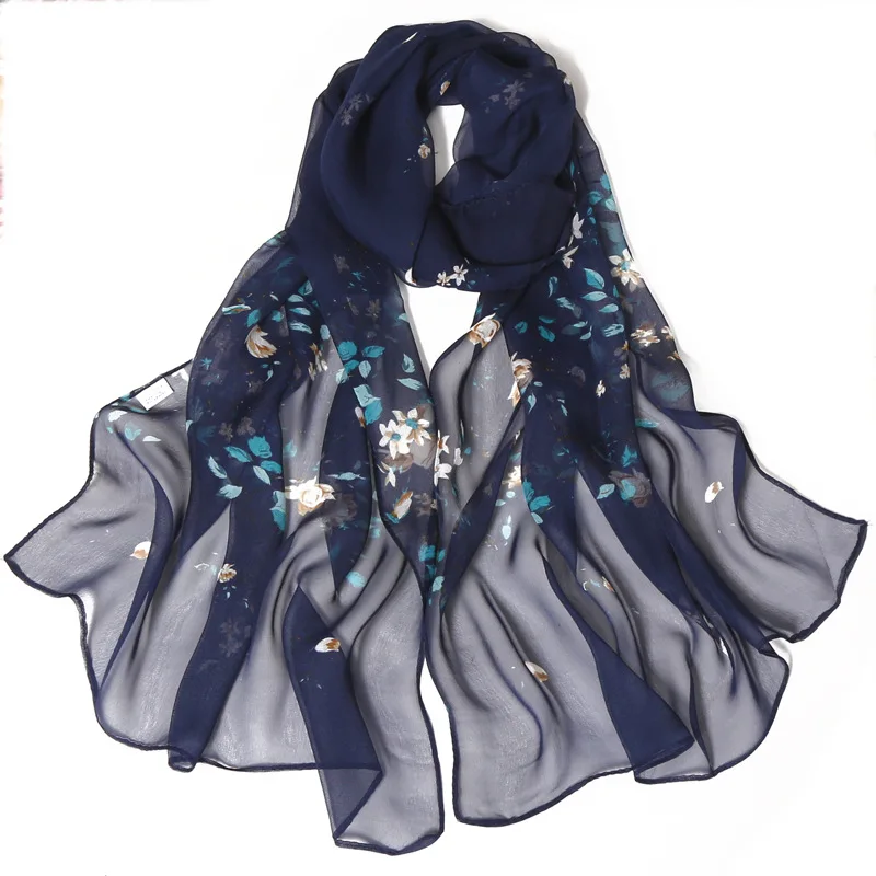 2022 Women Silk Scarf Summer Lotus Sunscreen Seaside Beach Towel Pond Moonlight Thin Yarn Scarf Ink Painting Flower Plum Girls