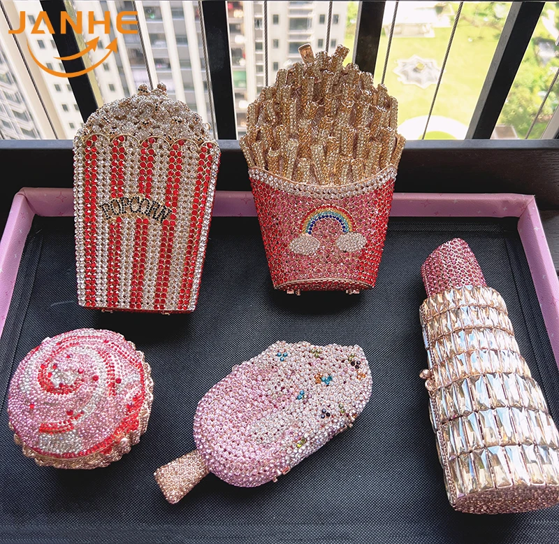 JANHE Crystal French Fries Chips Clutch Shoulder Begs Metal Chain Women Evening Box Bags Wedding Party Purse Rhinestone Handbags
