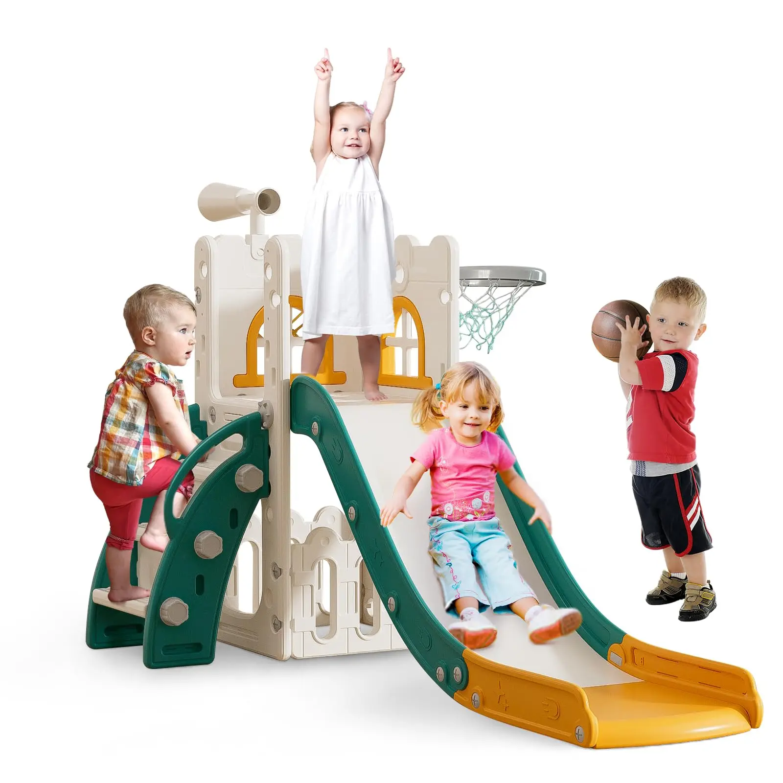 6 in 1 Toddler Slide for Kids Age 1-3,Plastic Slide with Basketball Hoop Indoor and Outdoor Baby Climber Play set Playground