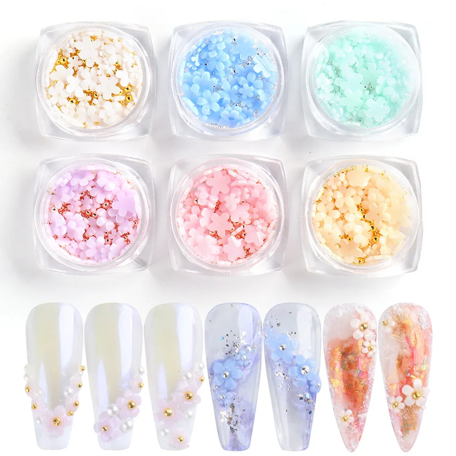 3D Nail Art White Pink Flowers Accessories Jewelry Mixed Gold Silver DIY Fingernail Decoration Manicure Design Nail Drill