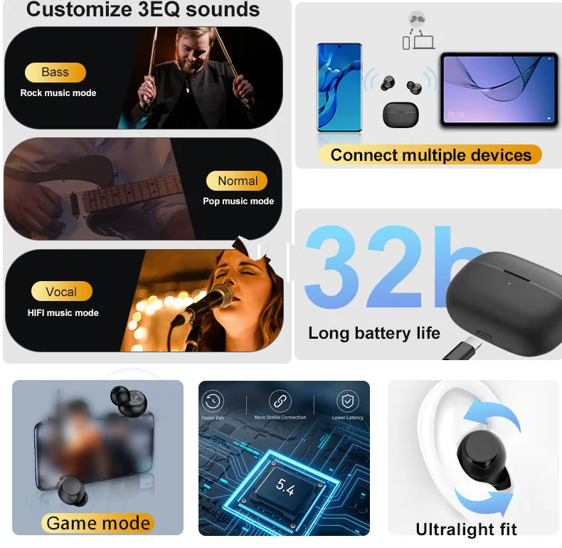Customized Handsfree Mini 3Eq Anc Enc Earphone Wireless Hifi Sound Dual Device Smart Connection Waterproof Gaming Tws Earbuds