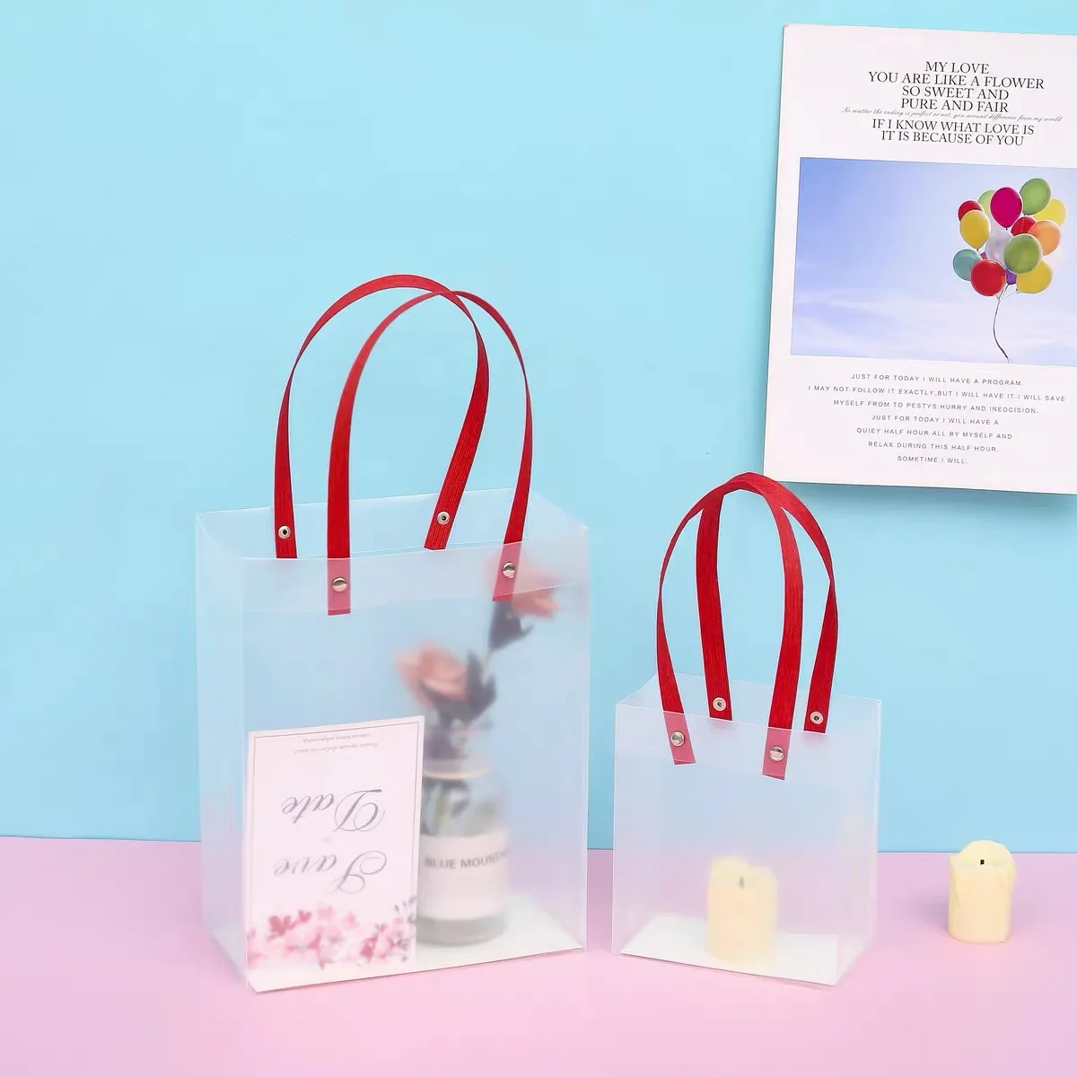 Custom Logo Design Printed Carrier Handle Shopping Plastic Wedding Gift Packing Bag with Ribbon
