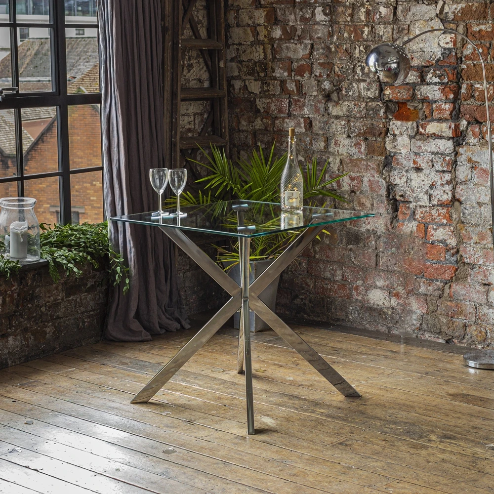 Современный круглый обеденный стол из прозрачного закаленного стекла с хромированными ножками