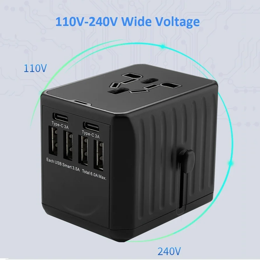 2020 new 110-250V US AUS UK EU plug mobile phone accessories 6USB charger 6A output universal travel adapter with 4USB+2Type-C