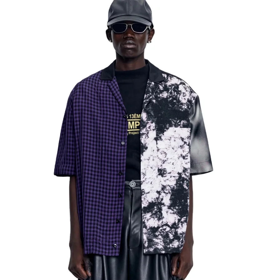 Short sleeve bowling shirt in a patchwork of viscose check tie dye and cotton shirting Featuring a notch lapel collar and ches