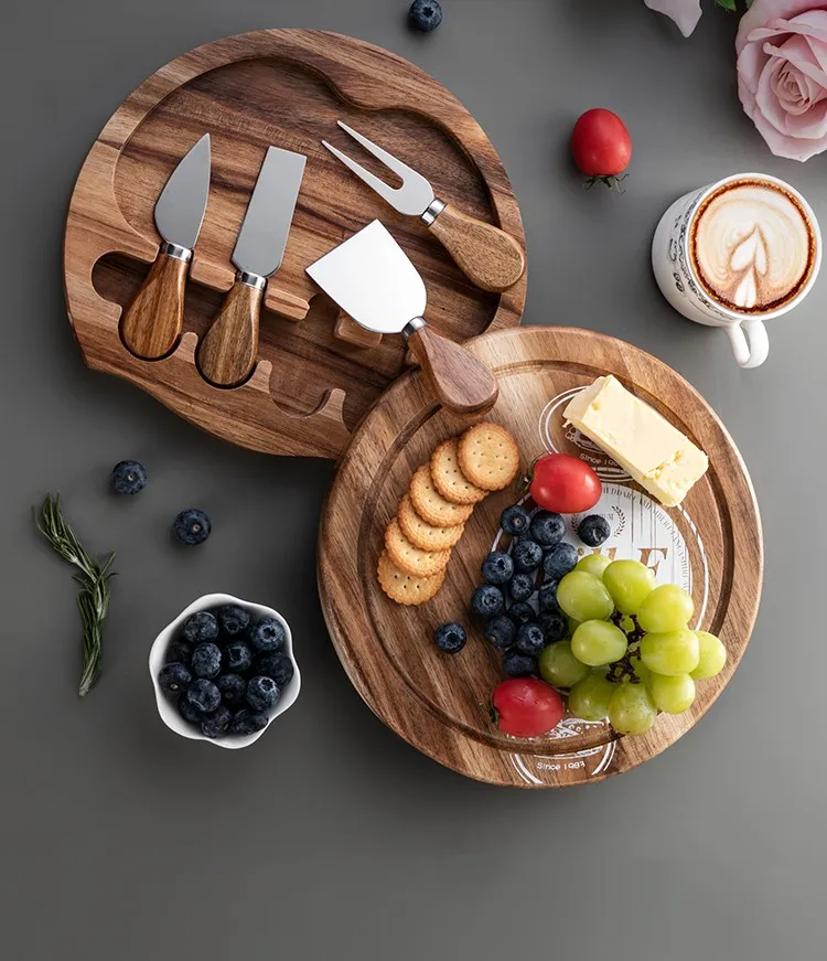 wholesale Premium charcuterie board set Acacia Wood Round Cheese Board Set With Drawer Cheese Knife Set