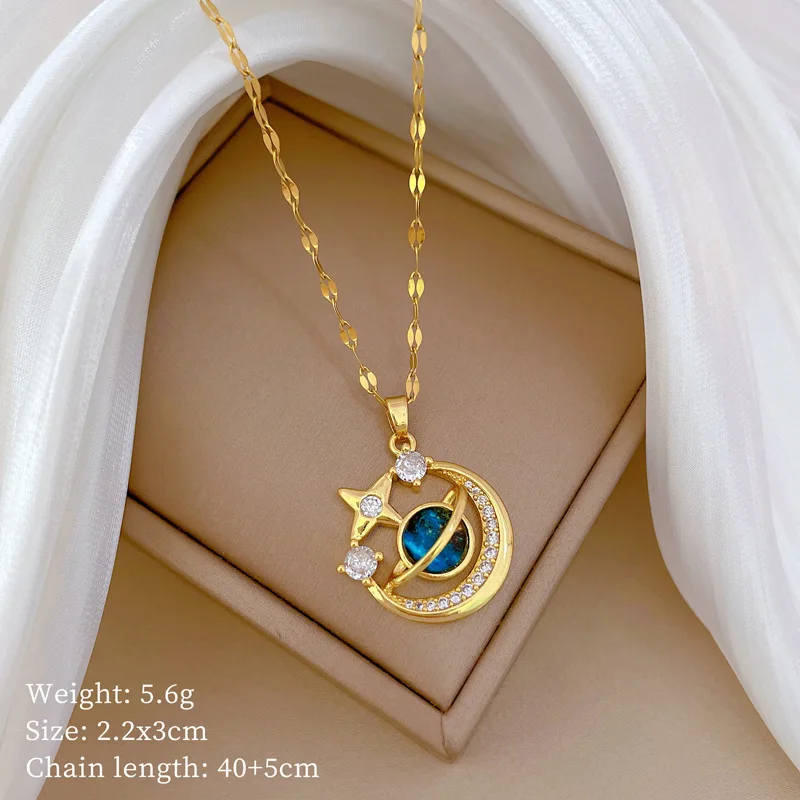 DAIHE Fashion 18k Gold Plated Starry Planet Stainless Steel Necklace Zircons Astronauts Moon Saturn Necklace for Women