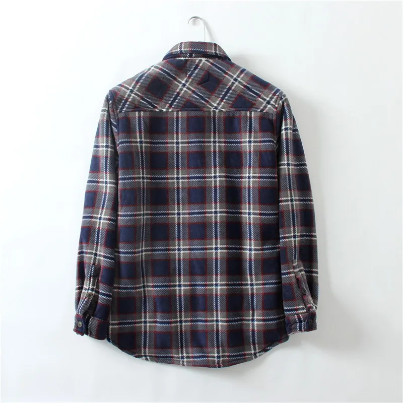 Custom logo winter quality Plus size velvet thick warm two-color check shirt retro casual fleece plaid flannel shirt men