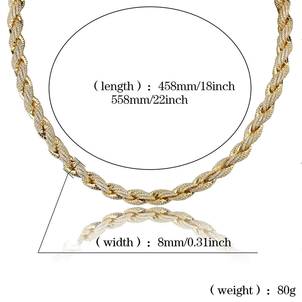 Hip hop iced out jewellery cz zircon stone twisted spiral cuban link chain real gold plated cuban chain rapper for man