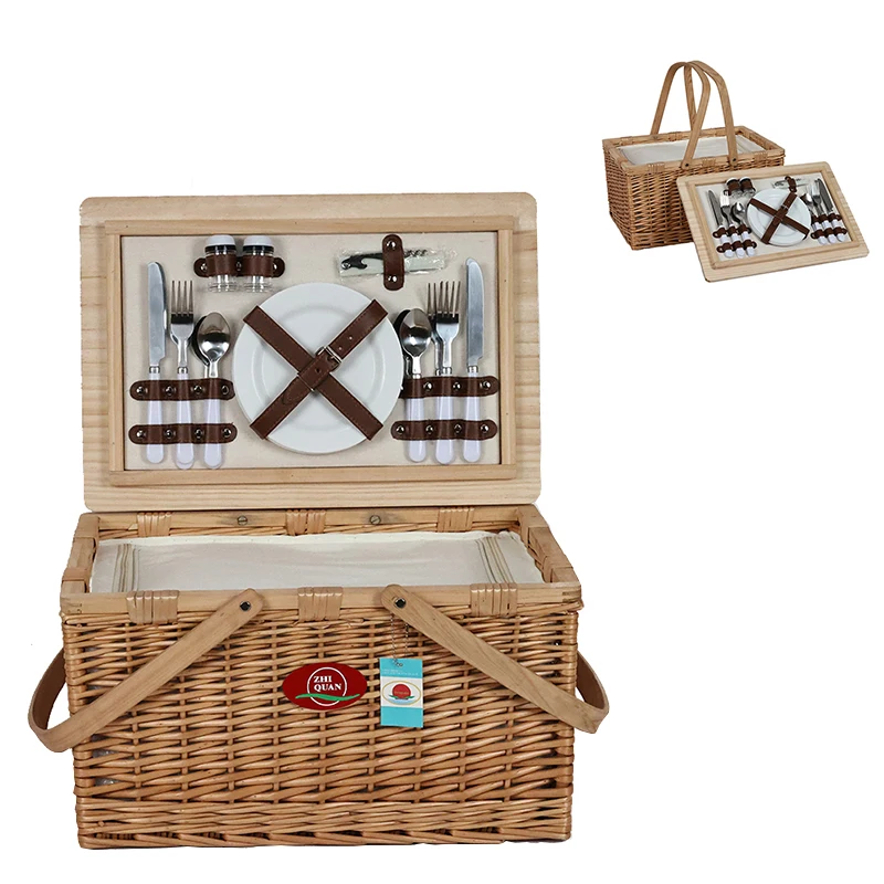 rectangle Picnic Basket Handmade Wicker Wooden insulated Customized rattan Picnic Basket set for 4 with cutlery
