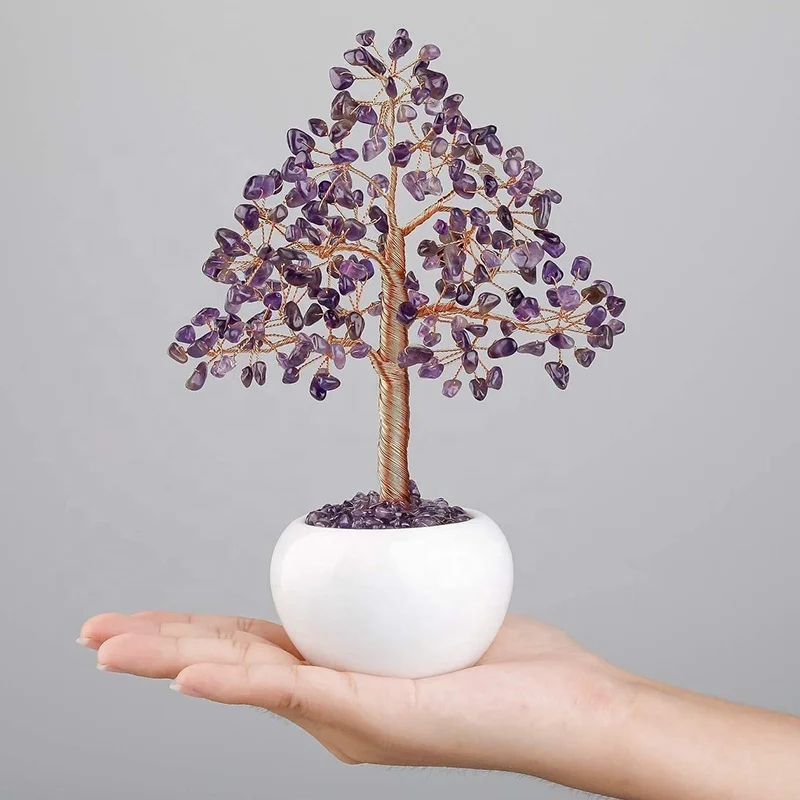 2024 MK High Quality Modern Rose Gold Seven Stones White Ceramic Round Bowl Base Small Tree Decorative Crystal Crafts