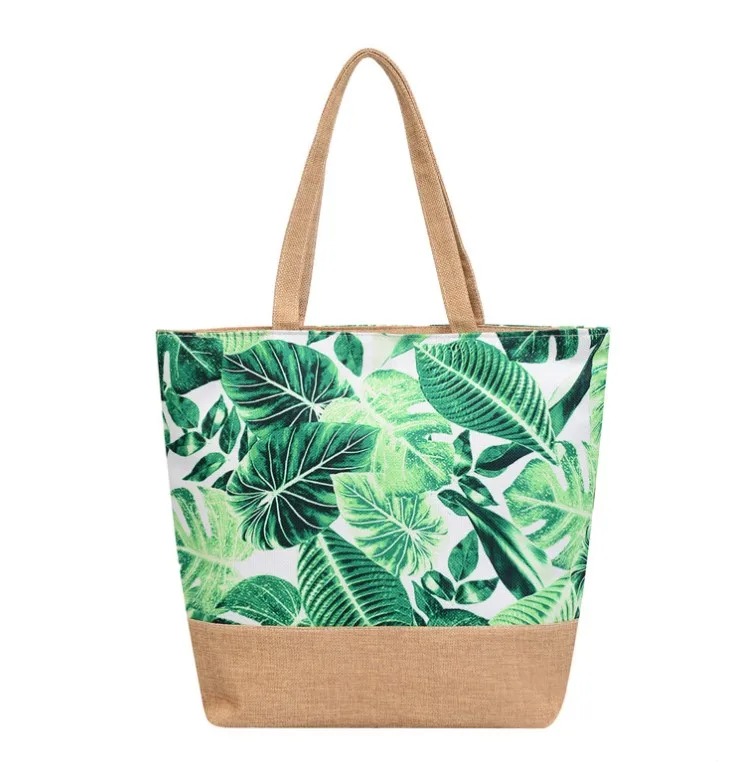 Hot Selling Trend Cotton Linen Summer Beach Towel Tote Large Capacity Shopping Bags Tropical Print Handbag For Lady