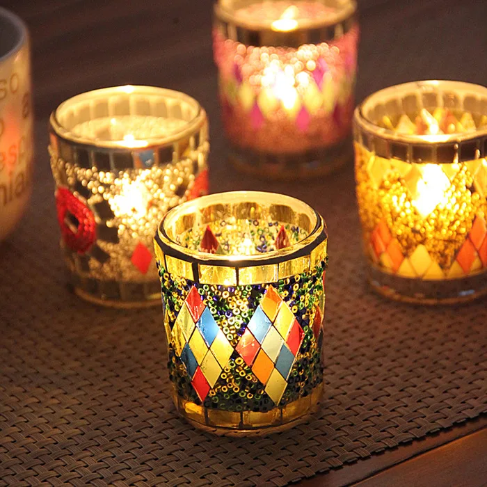Handmade Glass Candle Stand Promotion gift Luxury Empty Glass Candle Holder Container Cracked Mosaic Disco Candle Jar