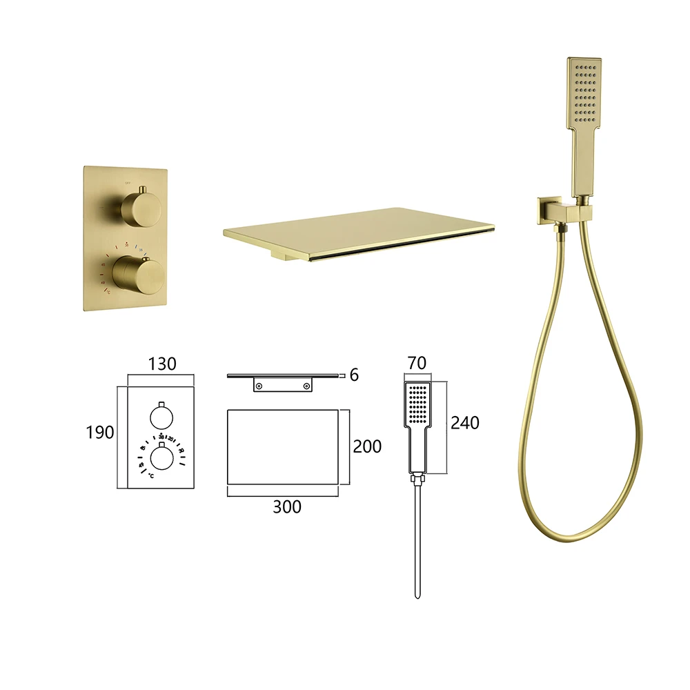 Embedded Wall-mounted Bathtub Tap, Elegant Gold Finish, Waterfall Flow, Includes Handheld Showerhead, Temperature Control